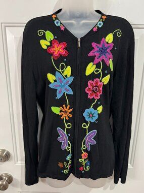 Vintage Yarns & Stitches Black With Colorful Floral Embroidery Zip-Up Cardigan M